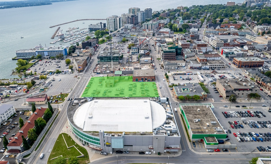 Aerial photo of downtown Kingston showing the location of the development site.