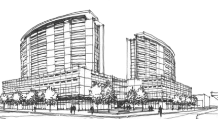 Architectural sketch of a mixed-use commercial / residential building.